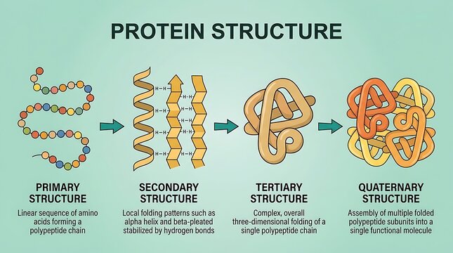 Educational Infographic Showing Four Levels of Protein Structure: Primary, Secondary, Tertiary, and Quaternary