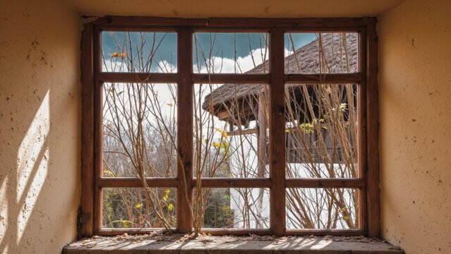Vintage window with weathered wooden frame set in a stone wall. View from outside revealing sky and branches.