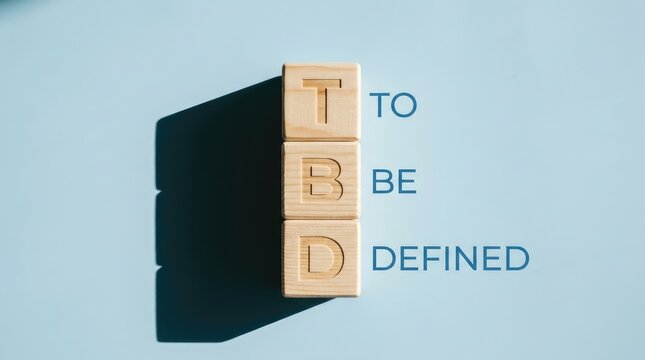 Wooden blocks spelling out tbd with text to be defined on a soft blue background surface