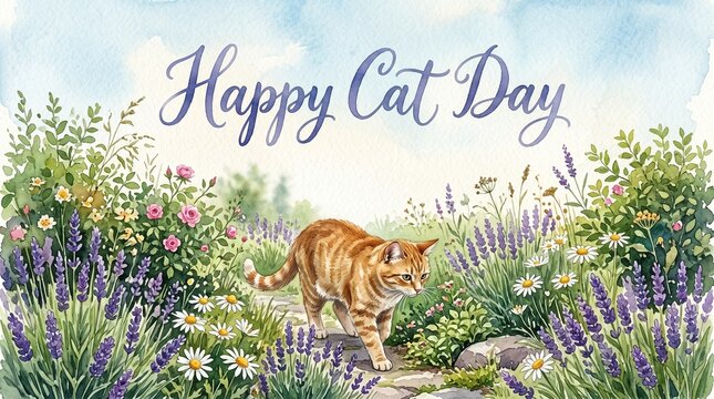 Happy Cat Day Illustration with Orange Tabby Cat in Garden
