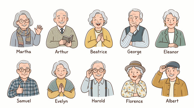 Collection of diverse elderly character portraits with individual names.