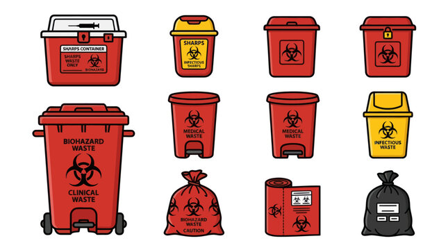 Biohazard clinical waste bins and medical disposal icons.