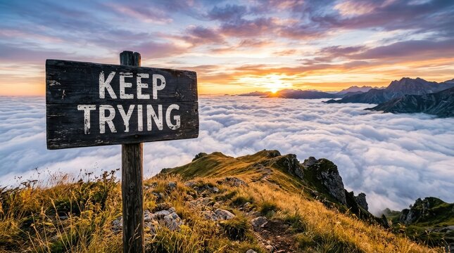 Weathered wooden sign with keep trying text stands atop a majestic mountain peak at golden sunset