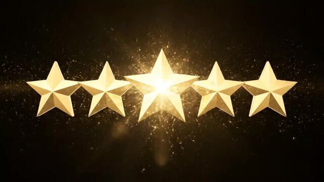 Five golden stars rating review animation with particles on black background