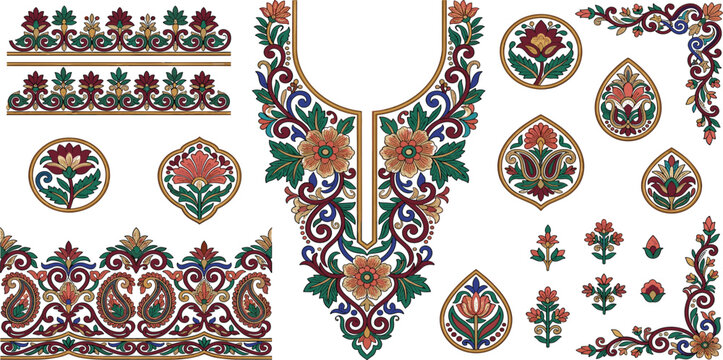 Traditional ethnic floral neckline embroidery vector kit with vintage paisley borders and ornate decorative elements for fashion dress tailoring design