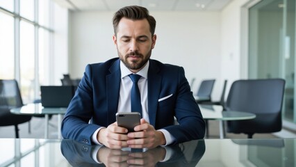 Fototapeta premium Man in suit looking at phone while seated at desk in office.