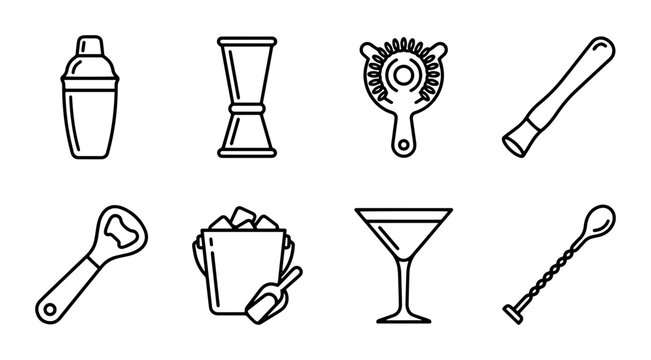 Bar Tools Vector Icons Set: Cocktail Shaker, Jigger, Strainer, Muddler, Bottle Opener, Ice Bucket, Martini Glass, Bar Spoon for Mixology and Bar Service