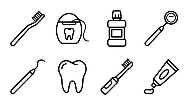Dental Care Icons Set: Toothbrush, Floss, Mouthwash, Mirror, Probe, Tooth, Paste, Vector Graphics