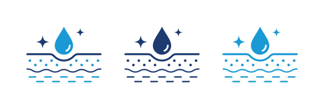 Skin hydration and moisture absorption icon set showing water droplets penetrating dermal layers.