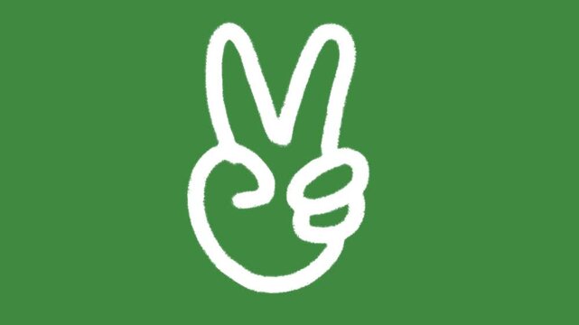 Peace sign victory hand gesture cartoon graphic with chalk outline V sign and freedom notification icon isolated on green screen background for friendly relations hub line art element concept.