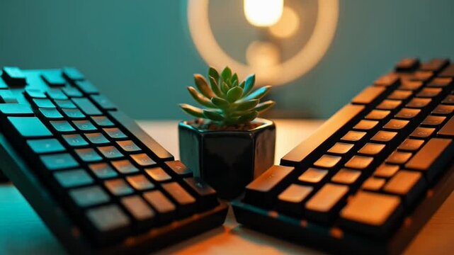 Ergonomic split mechanical keyboard with succulent plant under warm ring light.