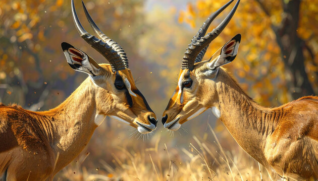 Two antelopes facing each other in a field