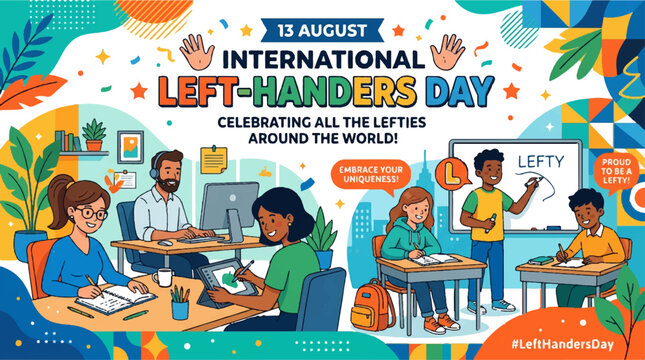 International Left-Handers Day, Lefties Celebration, Handedness Awareness, Vector Illustration