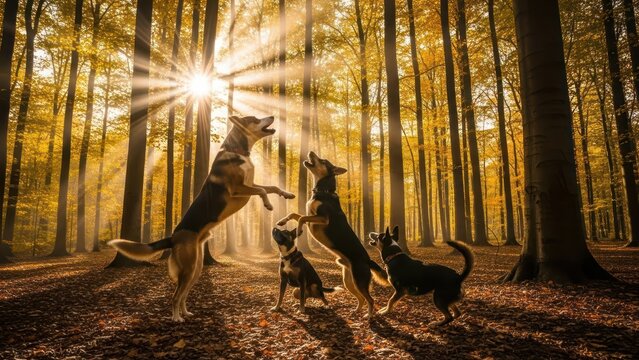 Golden hour playtime: canine companions frolicking amongst sunlit autumn trees splendor