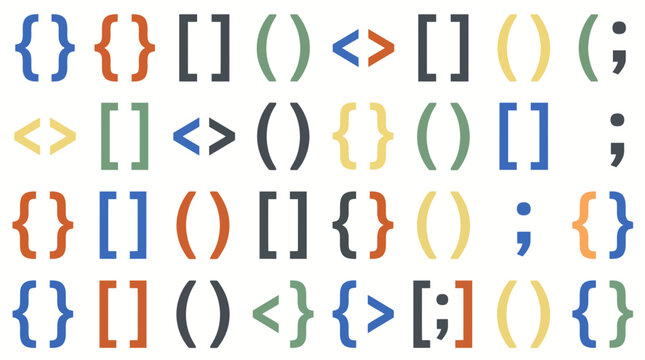 Collection of programming code syntax symbols like brackets and braces for software development.