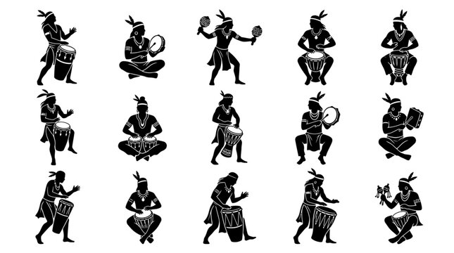 Collection of tribal dancer and musician silhouettes performing traditional rituals in black.