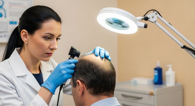 Doctor examining patient scalp with dermatoscope in clinic
