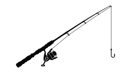 Fototapeta premium Detailed black silhouette of a professional fishing rod featuring a spinning reel and a sharp metal hook isolated on a clean white background for graphic design
