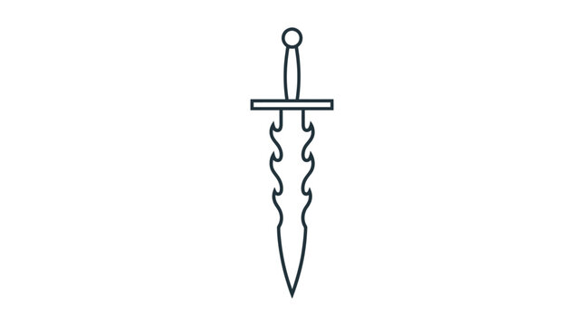 Minimalist black outline illustration of a fantasy serrated dagger weapon featuring a sharp pointed blade and a simple handle centered against a clean white background