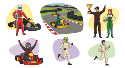 Fototapeta premium Go-kart, racing, karting, drivers, champions, winners, vector icons