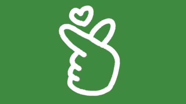 Korean finger heart positive gesture hand-drawn cartoon graphic with chalk outline mini heart and love notification icon isolated on green screen background for friendly customer care line art element