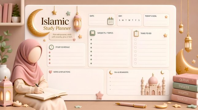 Islamic Study Planner with Muslim Girl and Lanterns