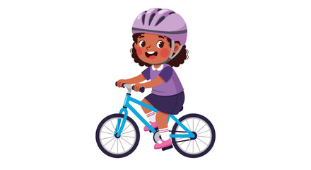Obraz premium Cartoon girl riding bicycle, purple helmet, blue bike, child cyclist, kids transportation