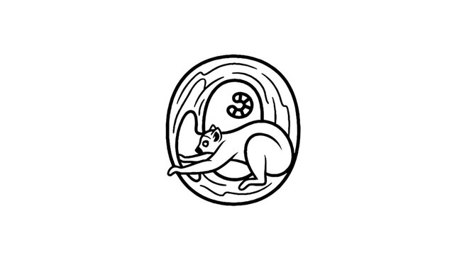 Minimalist line art of a rat with a circular design.