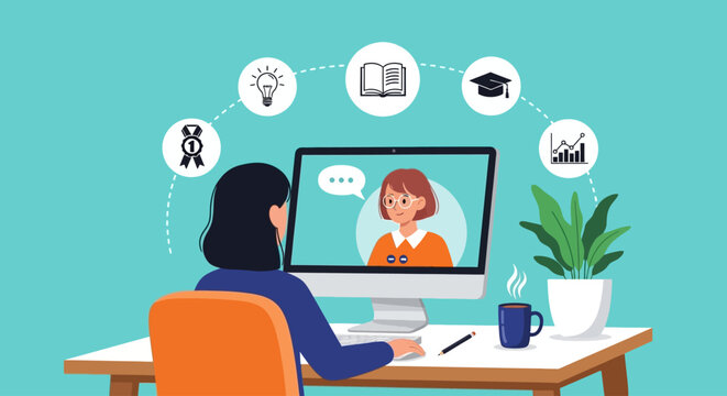 Online learning, remote education, e-learning concept, woman on computer screen