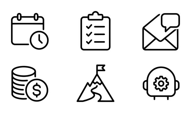 6 Business Icons linear icon set calendar clock checklist envelope coins mountain flag robot gear, UI and web interface design
