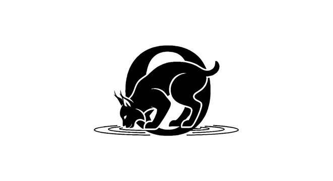 Black cat silhouette drinking water from puddle.