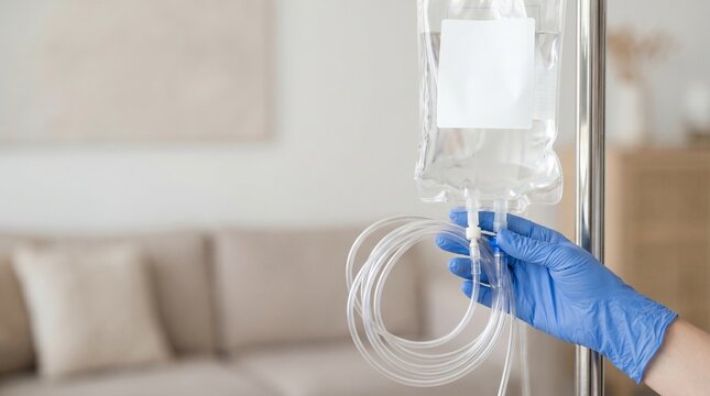 Clinician connecting tubing to sterile medical fluid bag on IV pole in clinic room, concept of infusion therapy, dialysis fluid preparation and patient care.
