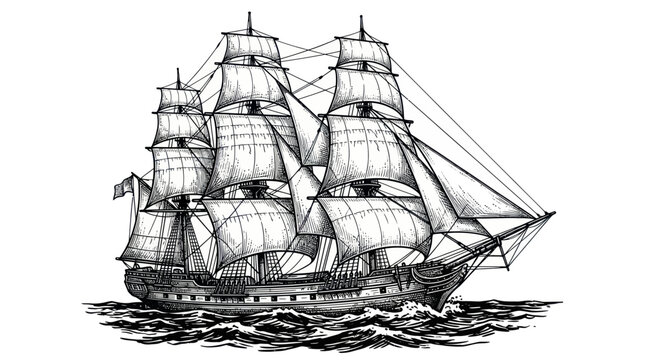 Vintage Sailing Ship Illustration, Tall Ship on Wavy Sea, Nautical Adventure