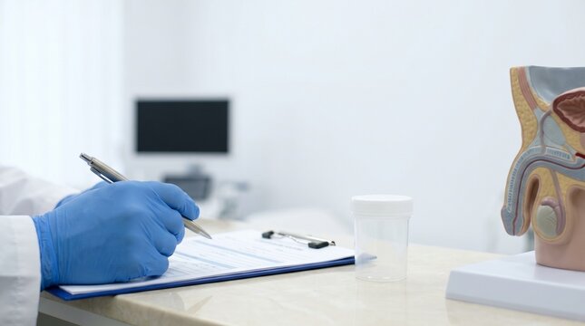 Urologist writing test form beside sterile specimen cup and male reproductive anatomy model, concept of semen analysis, male fertility and urology consultation.