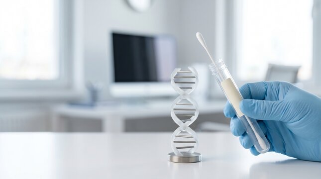 Clinician holding buccal swab sample tube beside DNA helix model in laboratory, concept of genetic testing, molecular diagnostics and precision medicine.
