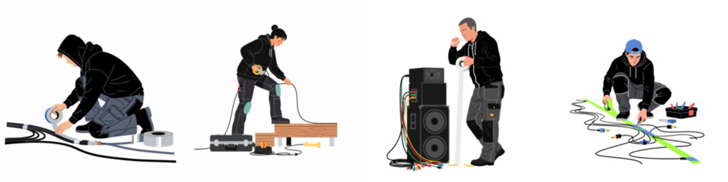 Set of vector illustrations of stagehands and technicians managing cables and equipment using gaffer tape and tools in various professional scenarios.