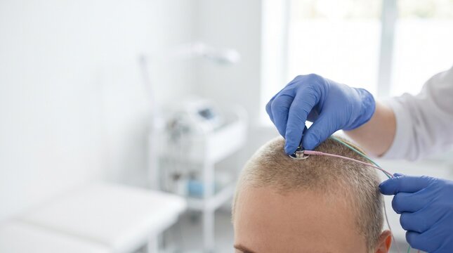 Doctor placing EEG electrodes on patient&rsquo;s scalp in neurology clinic, concept of electroencephalography, brain activity monitoring and seizure diagnosis.