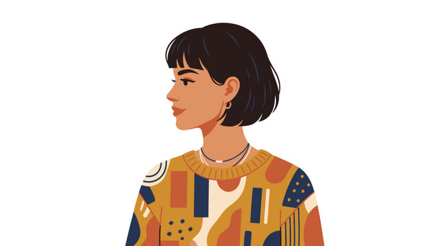 Modern Woman Portrait, Abstract Pattern Shirt, Minimalist Illustration