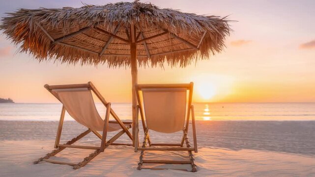 Two empty beach chairs under a thatched umbrella gently sway as the sun sets over the ocean