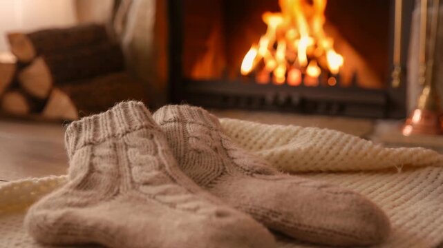 Cozy cabin scene with warm knitted wool socks resting on a soft blanket by the fireplace