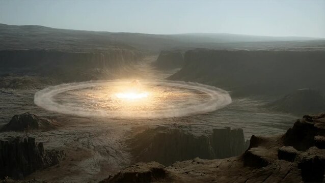 A massive asteroid causes a huge explosion on a barren landscape as a meteor crashes into the earth.