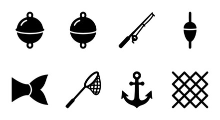 Fishing Icons Set: Floats, Rod, Anchor, Net, Tail, and Bobber Vector Graphics for Angling and Marine Themes © Sijan