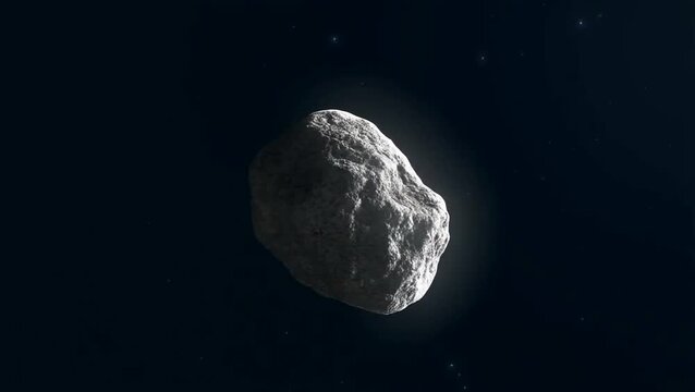 A large asteroid hurtles through space with a meteor explosion in the distance.