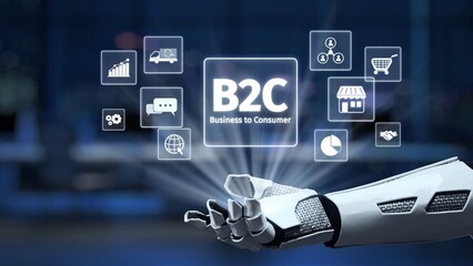 Fototapeta premium A futuristic robotic hand interacts with digital icons representing the business to consumer model, showcasing technology and e-commerce in a modern workspace. Synapse