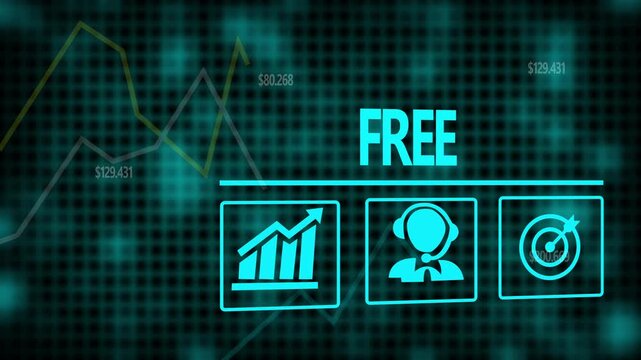 A Free business concept on a flashing computer monitor with moving graphs and data.