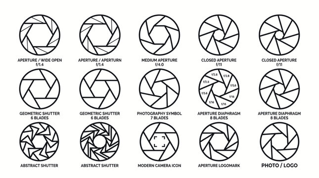 Camera Aperture Icons: Various Blades & Openings - Photography Symbol