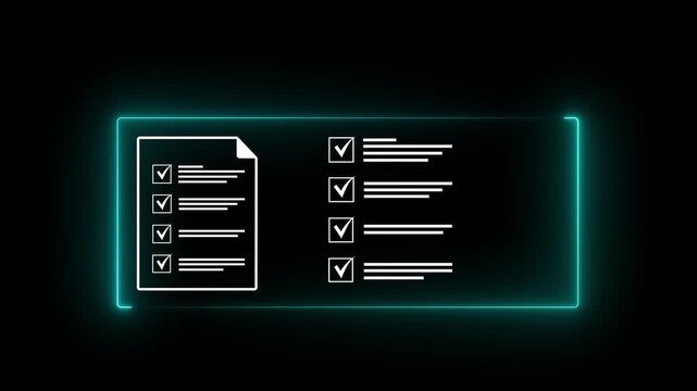 Abstract futuristic neon  glowing digital checklist and survey form document icon with check marks inside a glowing frame on a black background. checklist and clipboard task documentation management