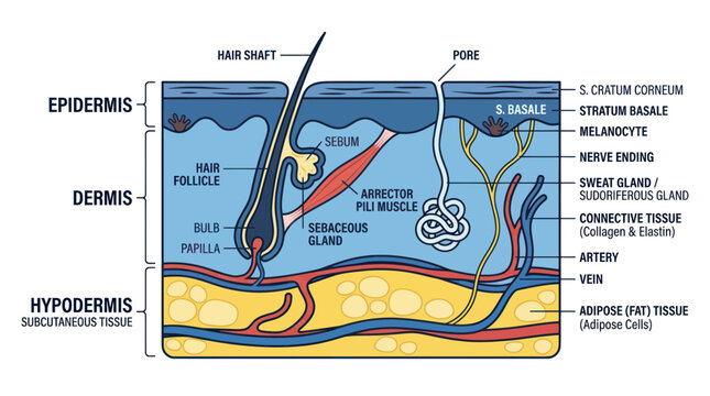 Cross-section of human skin anatomy diagram, epidermis, dermis, hypodermis, hair follicle, pore