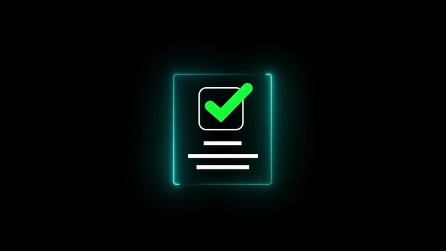 Abstract futuristic neon  glowing digital checklist and survey form document icon with check marks inside a glowing frame on a black background. checklist and clipboard task documentation management