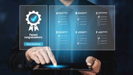 Fototapeta premium Product certification, certified quality assurance, verified product standards, quality compliance, and business certification milestones for market trust and product credibility. Muxer